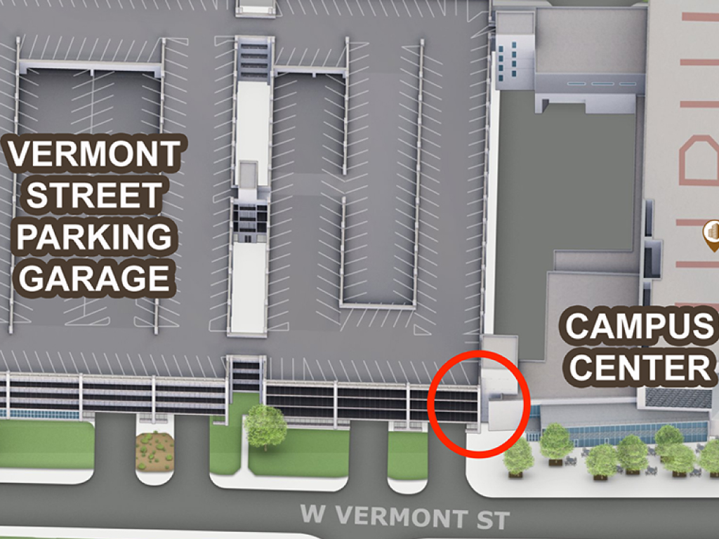 A map overview of the Campus Center and Vermont Garage with a circle where the Naloxbox is located in the southeast corner of the garage.
