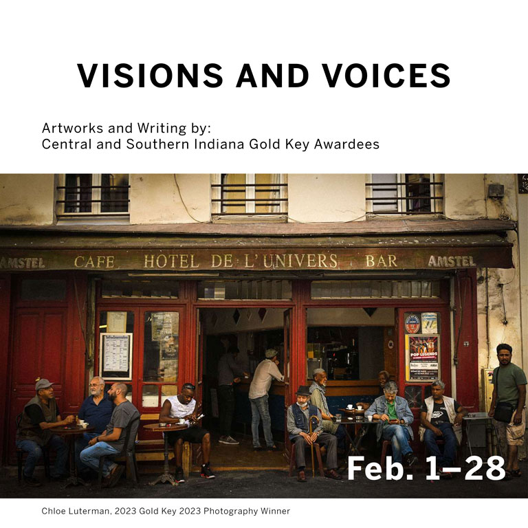 A photo that reads "Visions and Voices: Feb 1-28".