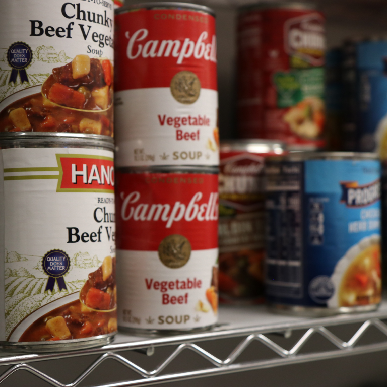 Cans of soup at Paws pantry.