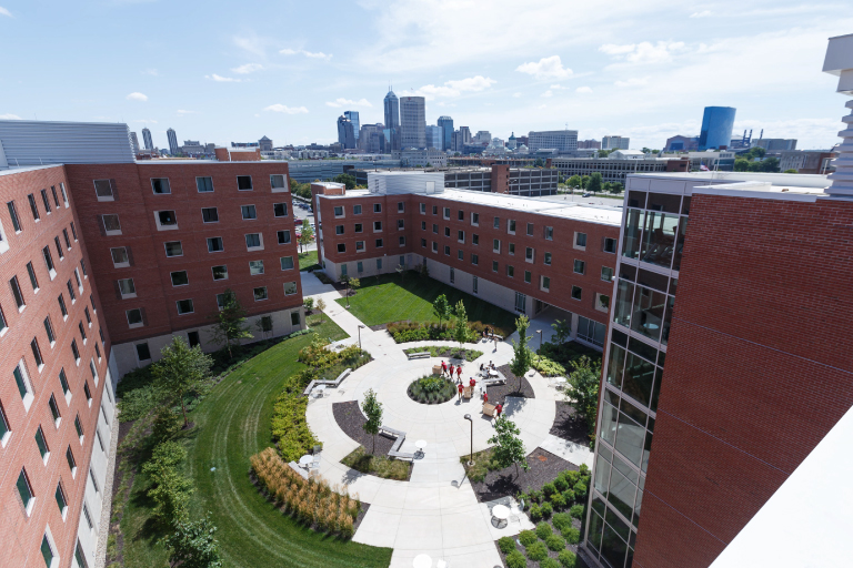 Areal photo of North Hall and the Indy skyline.