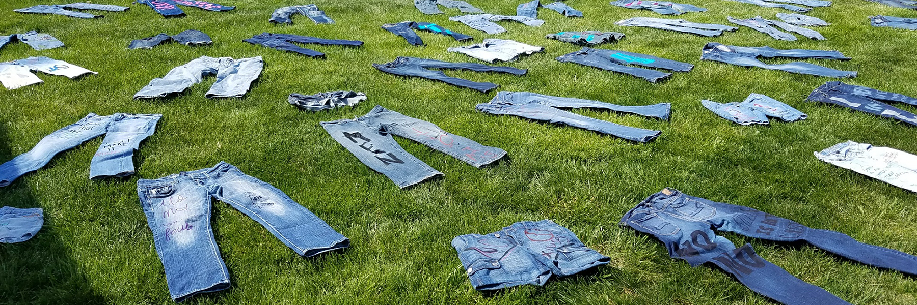 Jeans laid out in the grass.